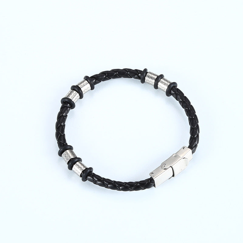 Stainless Steel Woven Leather String Couple Bracelet