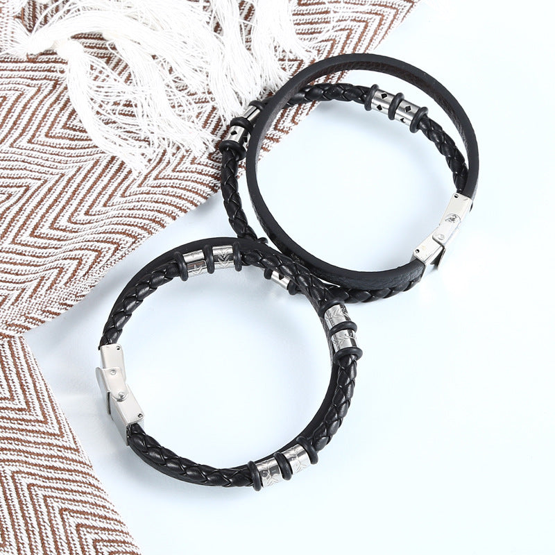 Stainless Steel Woven Leather String Couple Bracelet