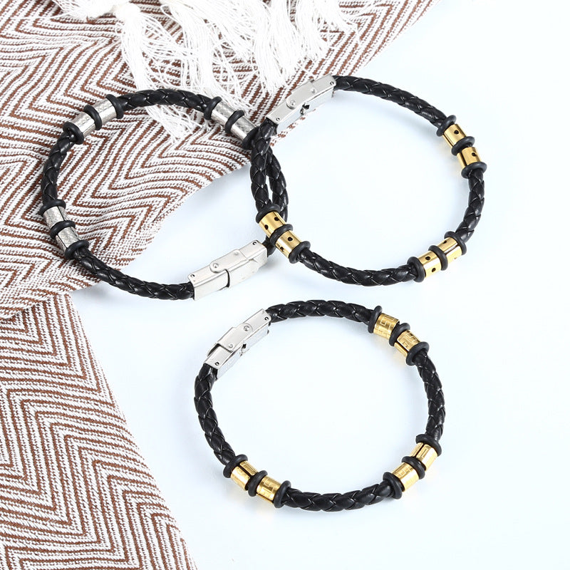 Stainless Steel Woven Leather String Couple Bracelet