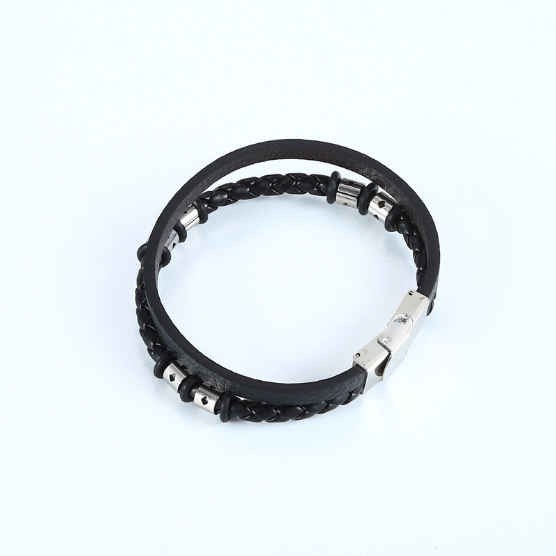 Stainless Steel Woven Leather String Couple Bracelet