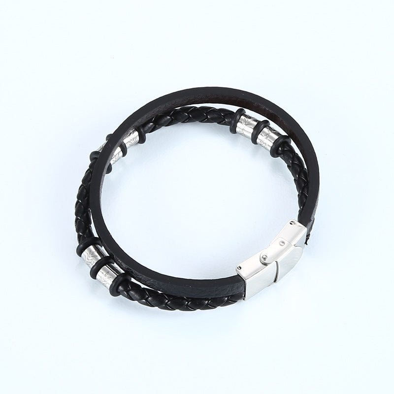 Stainless Steel Woven Leather String Couple Bracelet