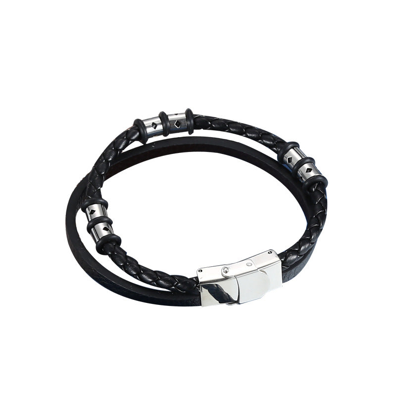 Stainless Steel Woven Leather String Couple Bracelet